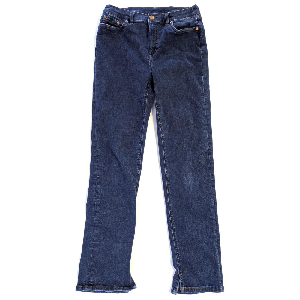 Canyon Retreat Dark Wash Straight Leg Jeans Side Slit Hem Blue Womens Size 8